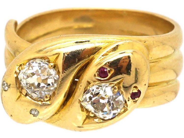 Victorian 18ct Gold Double Snake Ring set with Diamonds with Rose Diamond & Ruby Eyes