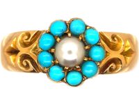 Edwardian 15ct Gold Cluster Ring set with Turquoise & A Natural Split Pearl