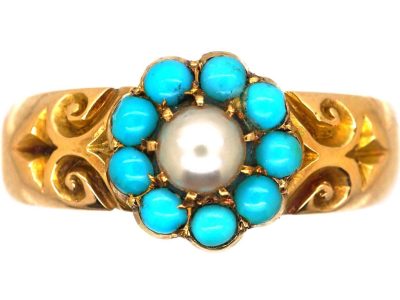 Edwardian 15ct Gold Cluster Ring set with Turquoise & A Natural Split Pearl