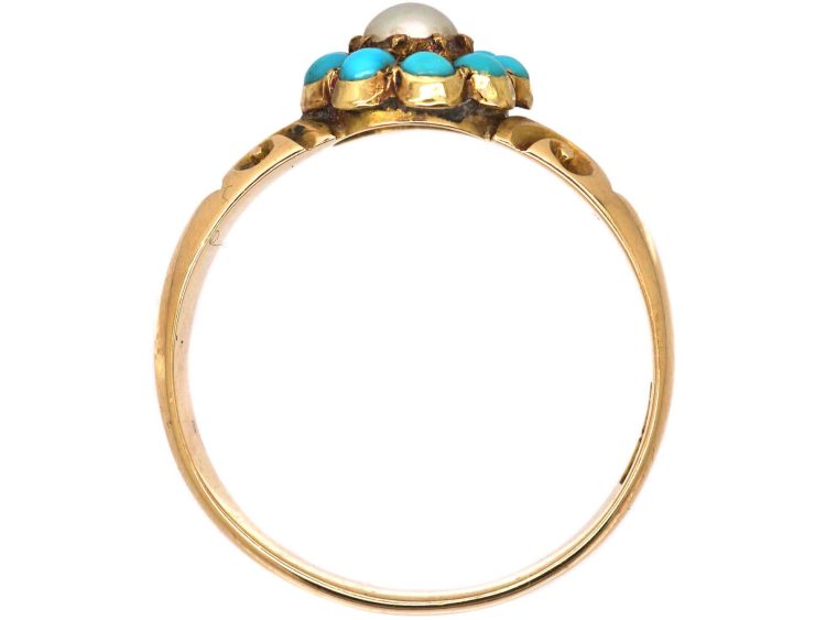 Edwardian 15ct Gold Cluster Ring set with Turquoise & A Natural Split Pearl