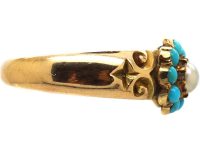 Edwardian 15ct Gold Cluster Ring set with Turquoise & A Natural Split Pearl