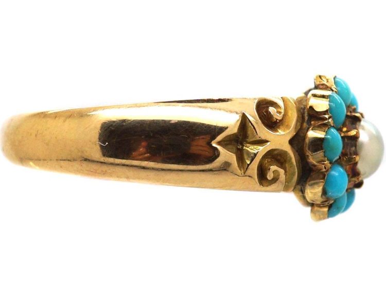 Edwardian 15ct Gold Cluster Ring set with Turquoise & A Natural Split Pearl