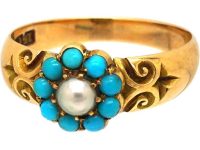 Edwardian 15ct Gold Cluster Ring set with Turquoise & A Natural Split Pearl