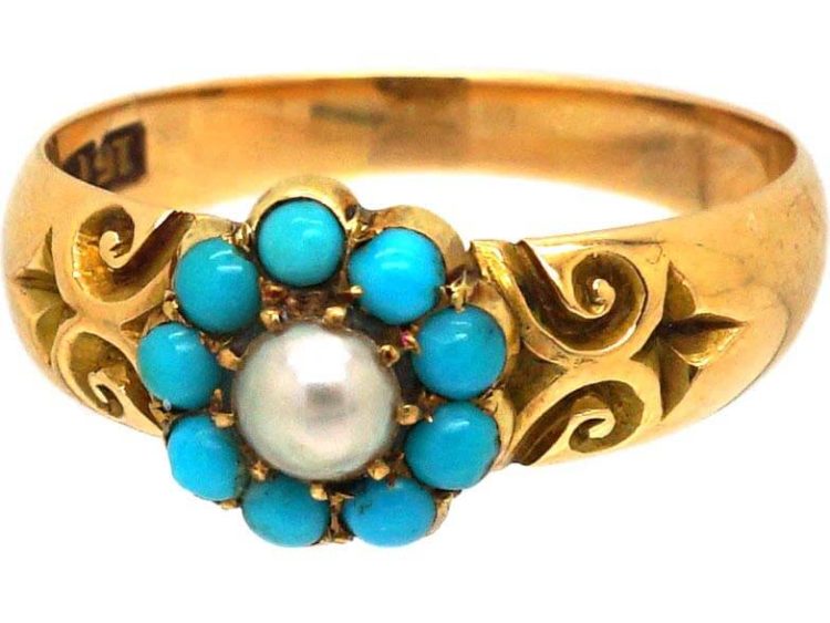 Edwardian 15ct Gold Cluster Ring set with Turquoise & A Natural Split Pearl
