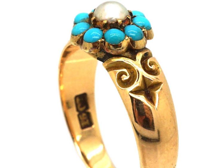 Edwardian 15ct Gold Cluster Ring set with Turquoise & A Natural Split Pearl