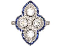 Art Deco French 18ct White Gold Ring set with Diamonds with a Border of Calibre Sapphires
