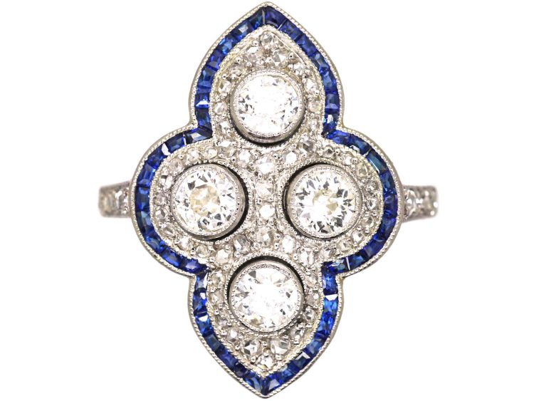 Art Deco French 18ct White Gold Ring set with Diamonds with a Border of Calibre Sapphires