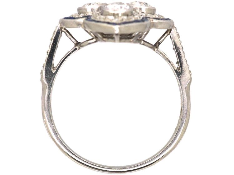 Art Deco French 18ct White Gold Ring set with Diamonds with a Border of Calibre Sapphires