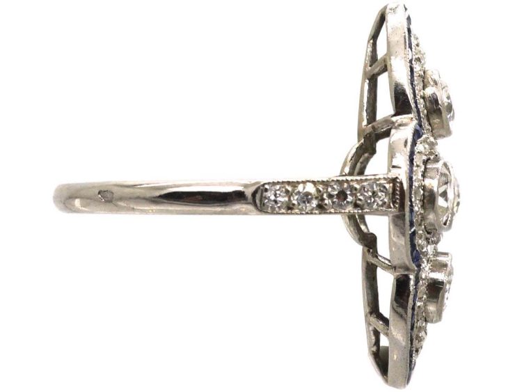 Art Deco French 18ct White Gold Ring set with Diamonds with a Border of Calibre Sapphires