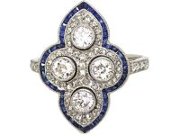 Art Deco French 18ct White Gold Ring set with Diamonds with a Border of Calibre Sapphires