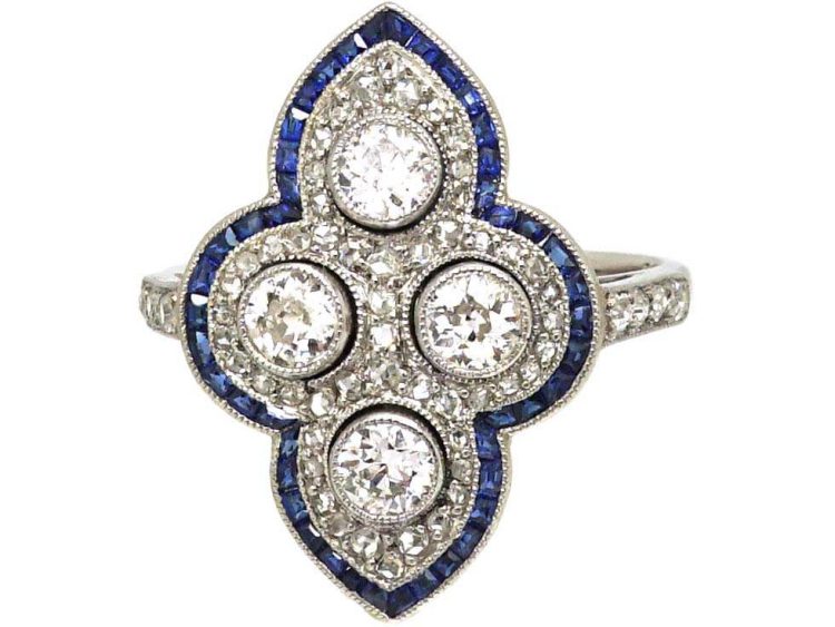 Art Deco French 18ct White Gold Ring set with Diamonds with a Border of Calibre Sapphires