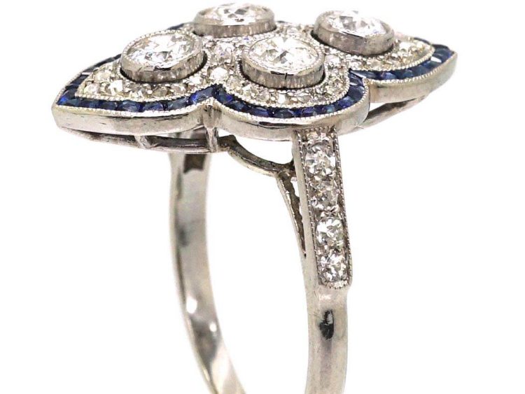 Art Deco French 18ct White Gold Ring set with Diamonds with a Border of Calibre Sapphires