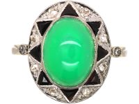 Art Deco 18ct Gold & Platinum, Green Chalcedony, Onyx & Rose Diamond oval Ring
