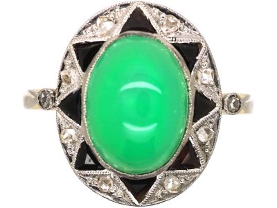 Art Deco 18ct Gold & Platinum, Green Chalcedony, Onyx & Rose Diamond oval Ring
