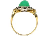 Art Deco 18ct Gold & Platinum, Green Chalcedony, Onyx & Rose Diamond oval Ring