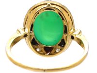 Art Deco 18ct Gold & Platinum, Green Chalcedony, Onyx & Rose Diamond oval Ring
