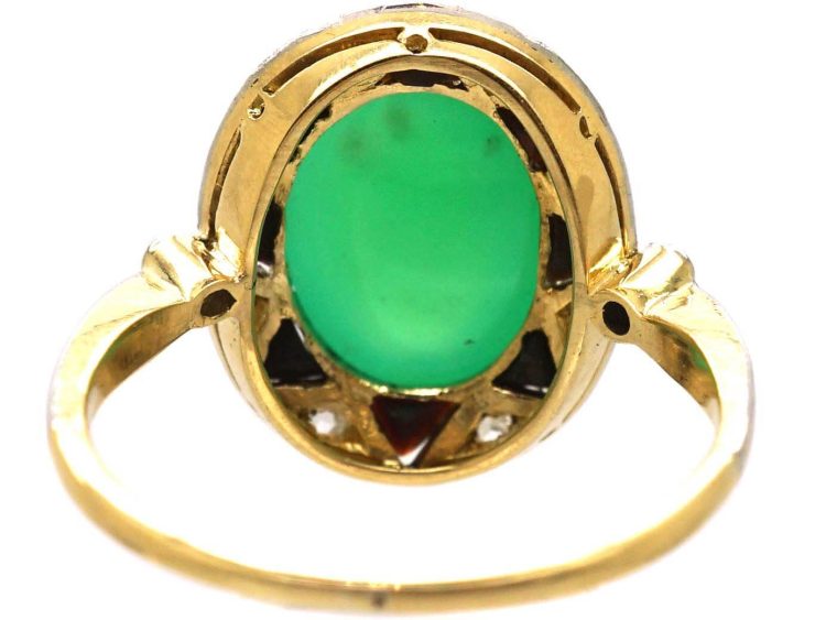 Art Deco 18ct Gold & Platinum, Green Chalcedony, Onyx & Rose Diamond oval Ring