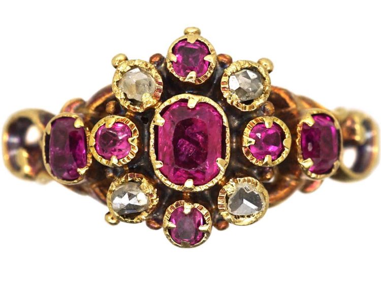 Early Victorian 15ct Gold, Ruby & Rose Diamond Cluster Ring