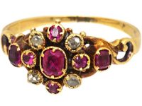 Early Victorian 15ct Gold, Ruby & Rose Diamond Cluster Ring