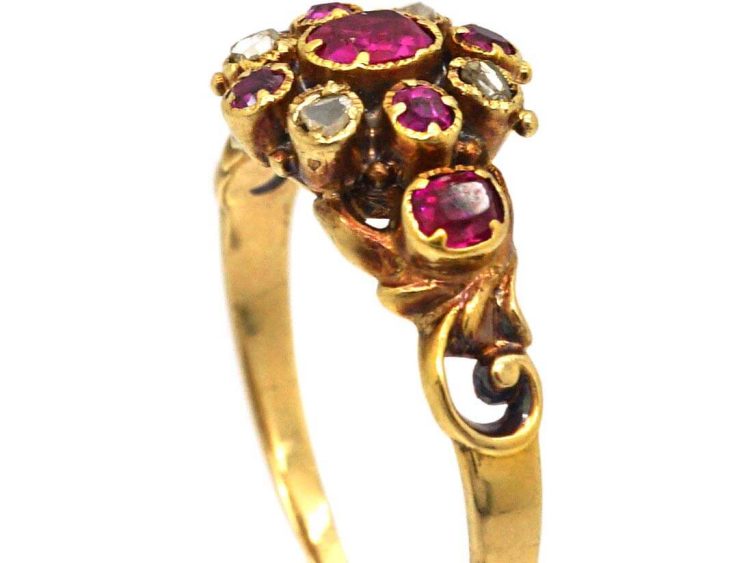 Early Victorian 15ct Gold, Ruby & Rose Diamond Cluster Ring