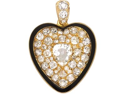Victorian 18ct Gold & Black Enamel Heart Pendant set with Rose Diamonds