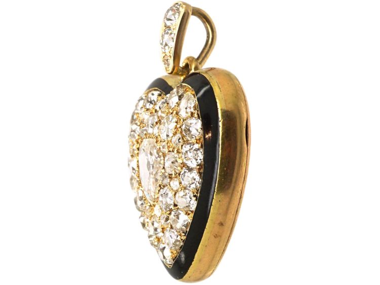 Victorian 18ct Gold & Black Enamel Heart Pendant set with Rose Diamonds