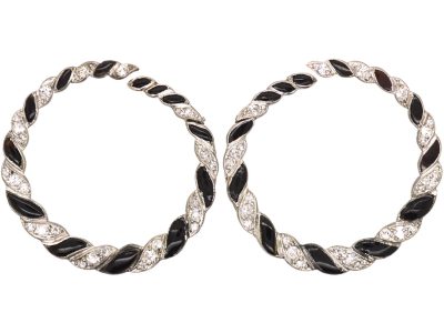 Art Deco Platinum Hoop Earrings set with Onyx & Diamonds