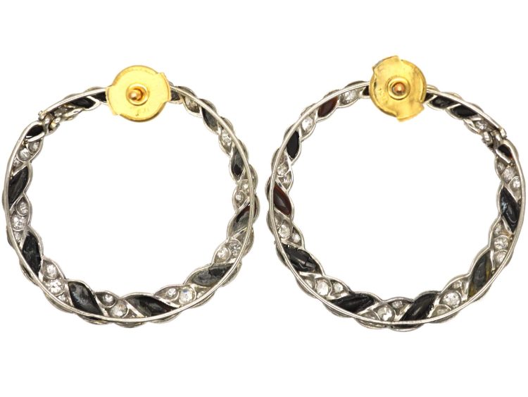 Art Deco Platinum Hoop Earrings set with Onyx & Diamonds