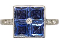 Art Deco Platinum Square Ring set with Four French Cut Sapphires & a Diamond