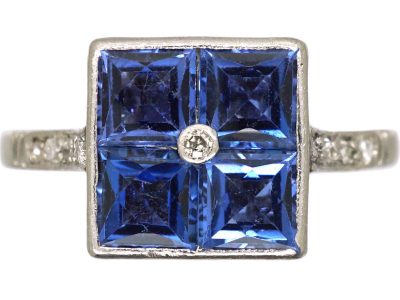 Art Deco Platinum Square Ring set with Four French Cut Sapphires & a Diamond