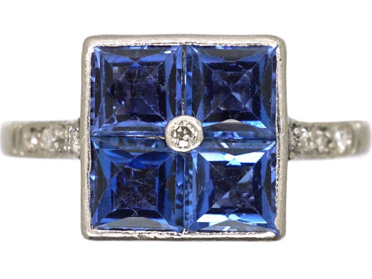 Art Deco Platinum Square Ring set with Four French Cut Sapphires & a Diamond