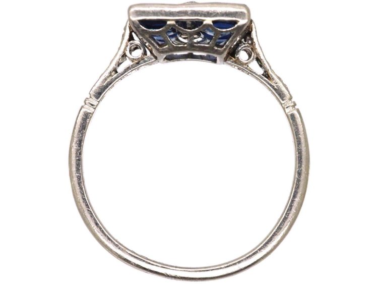Art Deco Platinum Square Ring set with Four French Cut Sapphires & a Diamond