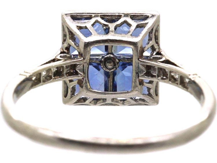Art Deco Platinum Square Ring set with Four French Cut Sapphires & a Diamond