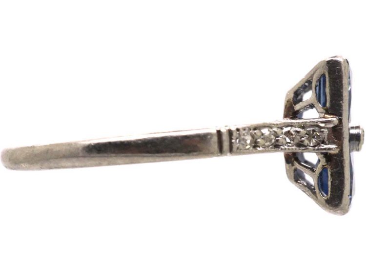 Art Deco Platinum Square Ring set with Four French Cut Sapphires & a Diamond