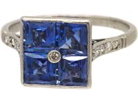 Art Deco Platinum Square Ring set with Four French Cut Sapphires & a Diamond