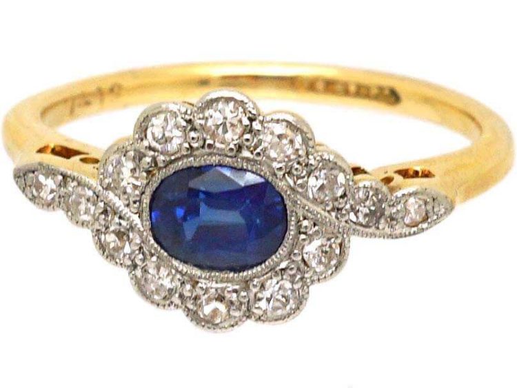 Edwardian 18ct Gold & Platinum Sapphire & Diamond Oval Cluster Ring