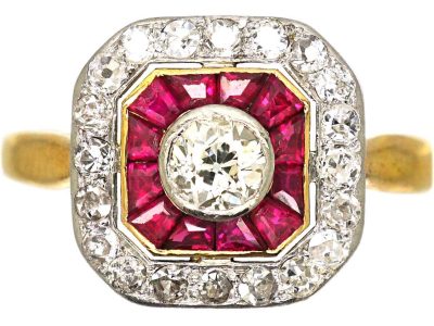 Art Deco 18ct Gold, Calibre Cut Ruby & Diamond Octagonal Ring