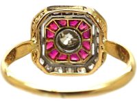 Art Deco 18ct Gold, Calibre Cut Ruby & Diamond Octagonal Ring