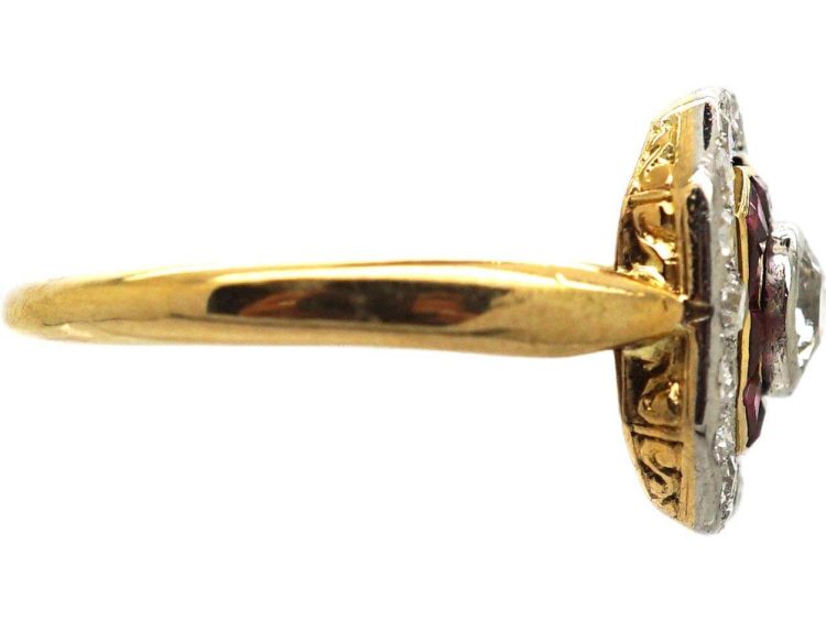 Art Deco 18ct Gold, Calibre Cut Ruby & Diamond Octagonal Ring