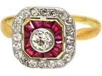 Art Deco 18ct Gold, Calibre Cut Ruby & Diamond Octagonal Ring
