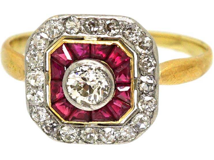 Art Deco 18ct Gold, Calibre Cut Ruby & Diamond Octagonal Ring
