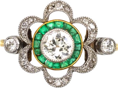 Art Deco 18ct Gold & Platinum Ornate Target Ring set with Diamonds & Emeralds