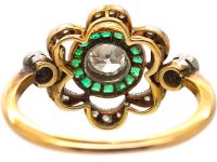 Art Deco 18ct Gold & Platinum Ornate Target Ring set with Diamonds & Emeralds
