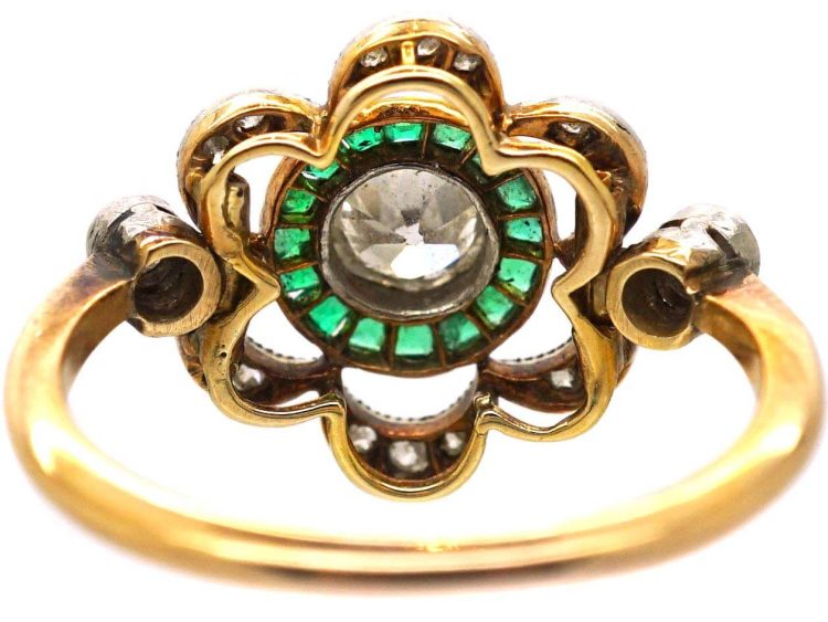 Art Deco 18ct Gold & Platinum Ornate Target Ring set with Diamonds & Emeralds