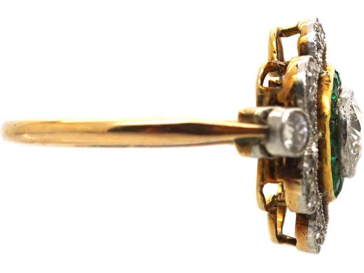 Art Deco 18ct Gold & Platinum Ornate Target Ring set with Diamonds & Emeralds