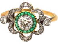 Art Deco 18ct Gold & Platinum Ornate Target Ring set with Diamonds & Emeralds