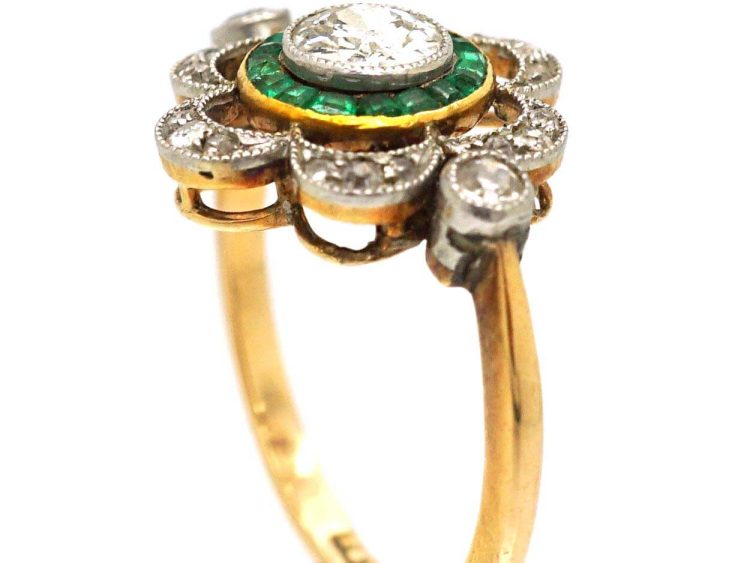 Art Deco 18ct Gold & Platinum Ornate Target Ring set with Diamonds & Emeralds