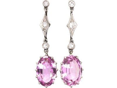 Edwardian Platinum Drop Earrings set with Pink Topaz & Diamonds