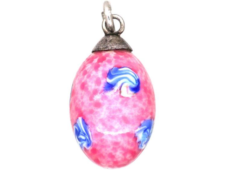Edwardian Pink & Blue Glass Egg Pendant with Silver Mounts