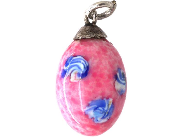 Edwardian Pink & Blue Glass Egg Pendant with Silver Mounts